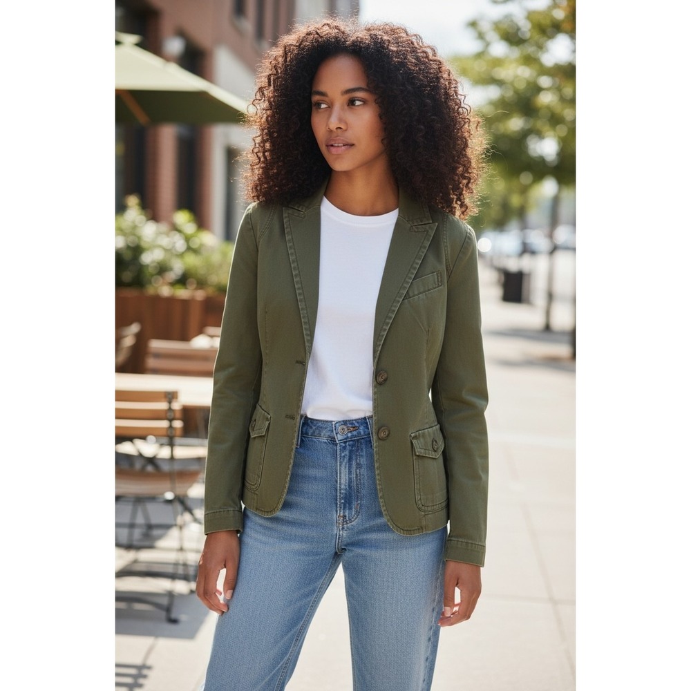Elevenses‎ Anthropologie Olive Green Cotton Utility Blazer Jacket Pink Stitch 4